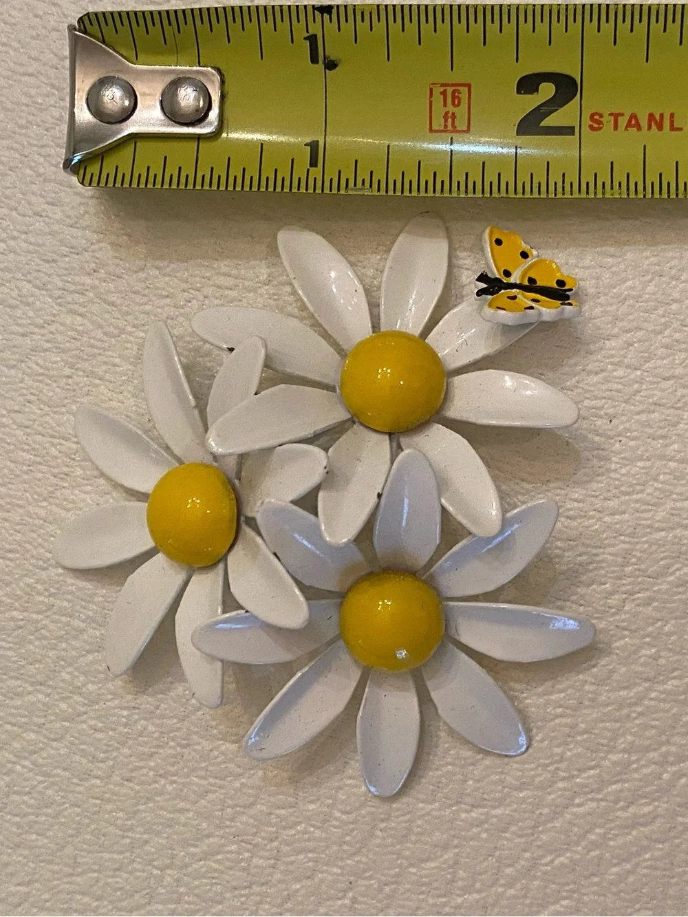 Vintage White & Yellow Daisy Cluster Brooch with Butterfly Accent